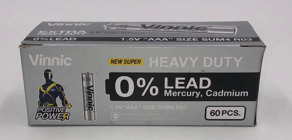 Vinnic Extra Heavy Duty AAA Batteries packaging with 0% lead, mercury, cadmium, featuring 60 pieces.