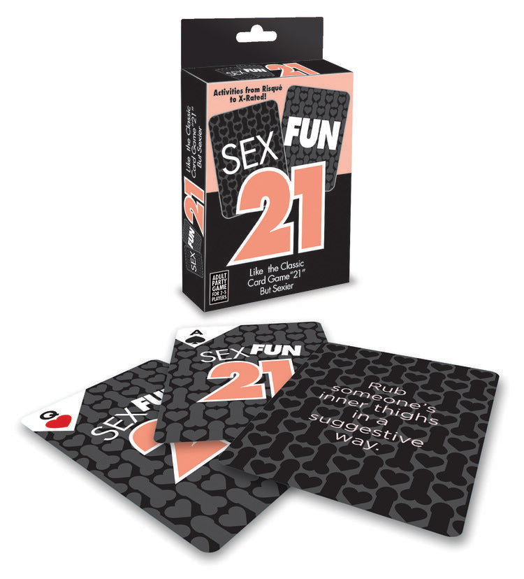 Sex Fun 21 Naughty Card Game packaging and sample cards featuring playful dares and challenges.