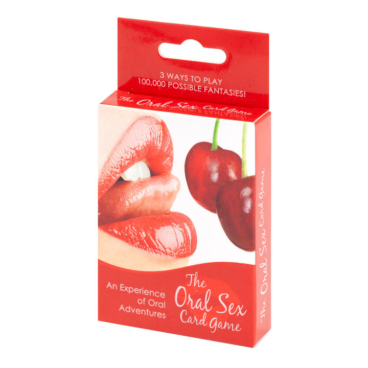 The Oral Sex Card Game packaging featuring seductive lips and cherries, designed for adult fun and intimate adventures.