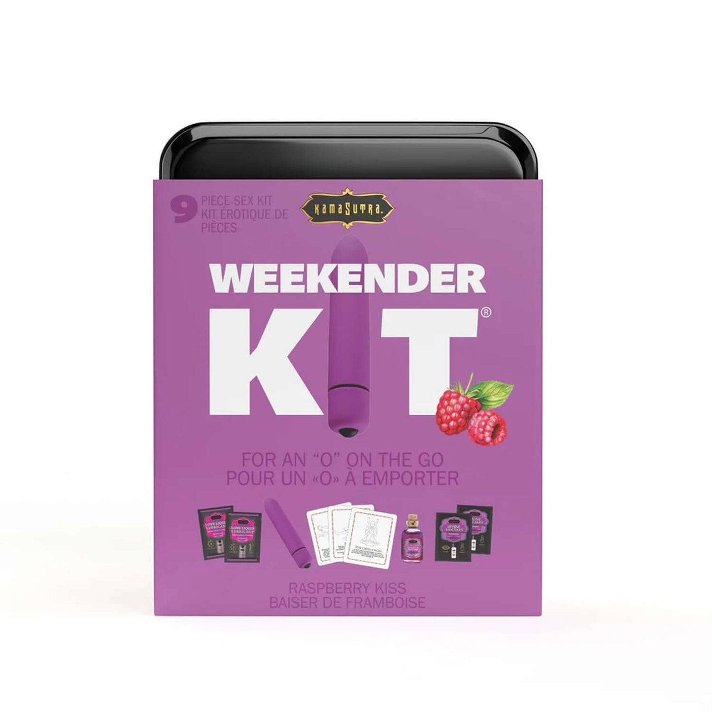 Weekender Kit Vibe Raspberry Dreams The all new Vibe Weekender Kit is here! Be ready for spontaneous fun with the perfect mix of Kama Sutra luxuries and a battery powered mini vibe with 10 vibration settings. Perfect portions fit comfortably in a pocket,