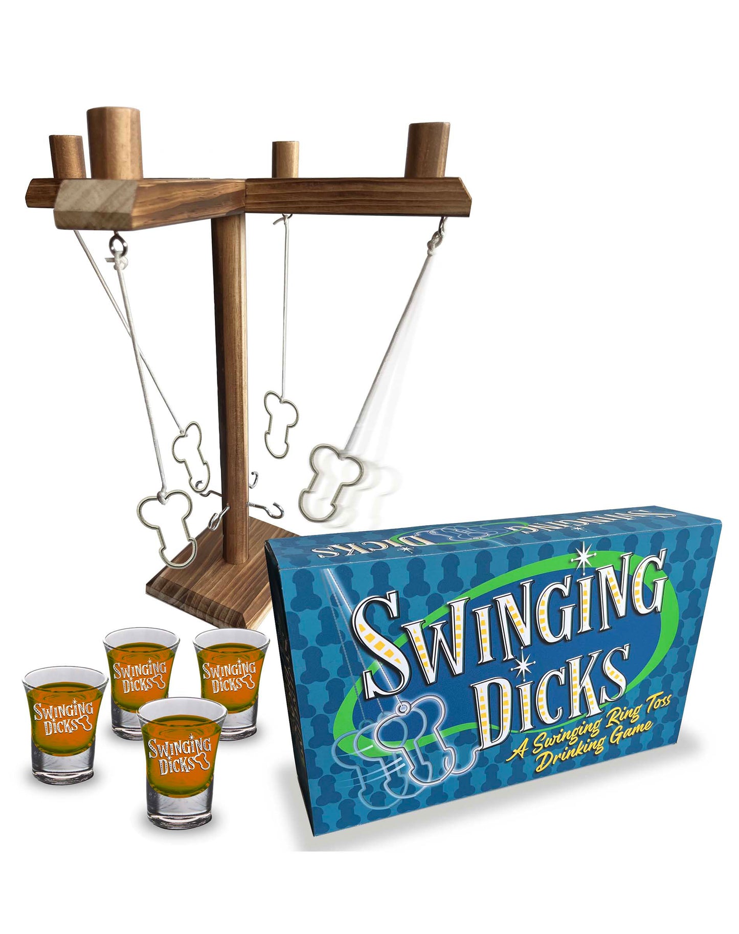 Swinging Dicks Hook Ring Game set with game frame, dick-shaped pieces, and shot glasses for adult party fun.