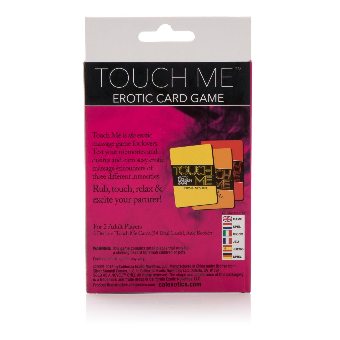 Touch Me erotic card game packaging, featuring 54 massage technique cards for couples to enhance intimacy.