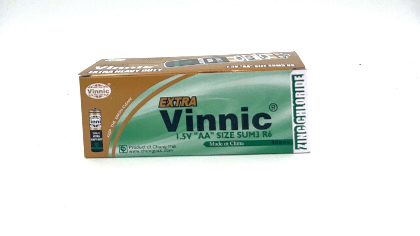 Vinnic extra heavy duty AA batteries 1.5V, size SUM3 R6, packed in a box of 40, zinc chloride, mercury and cadmium free.