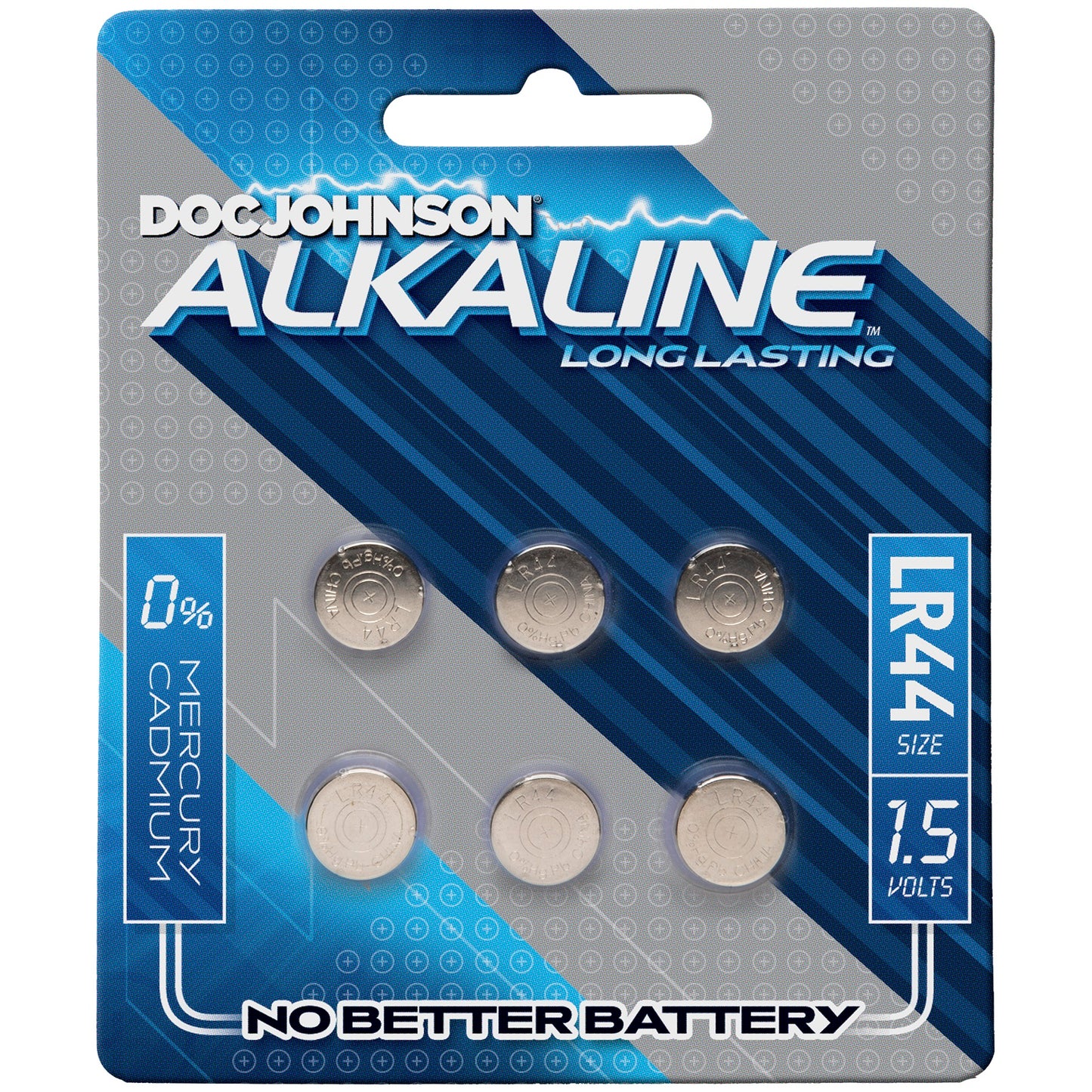 Doc Johnson Alkaline LR44 batteries in packaging, 1.5 volts, perfect for small vibrating toys and long-lasting power.