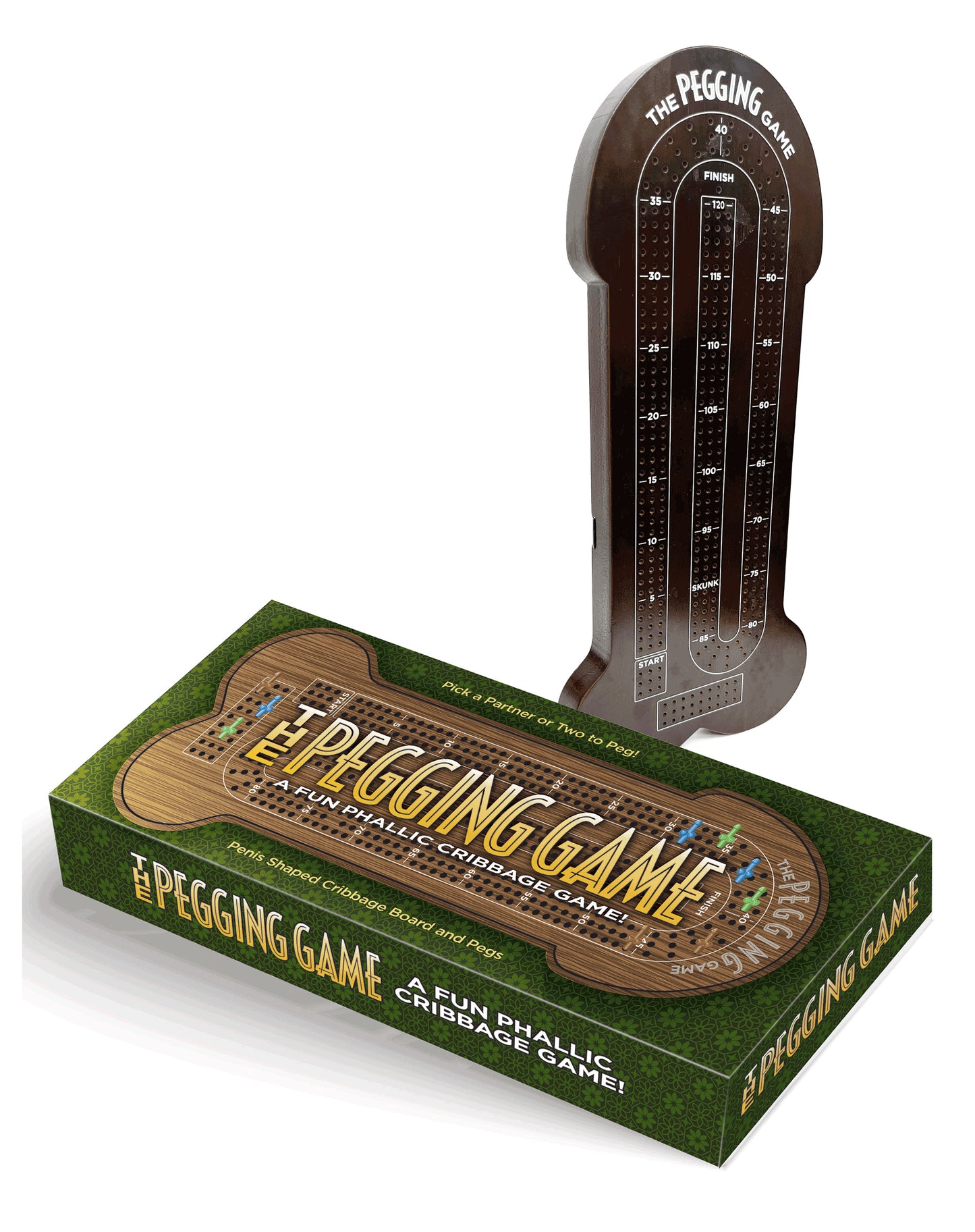 The Pegging Game box and phallic board for a cheeky game of cribbage with colorful pegs.