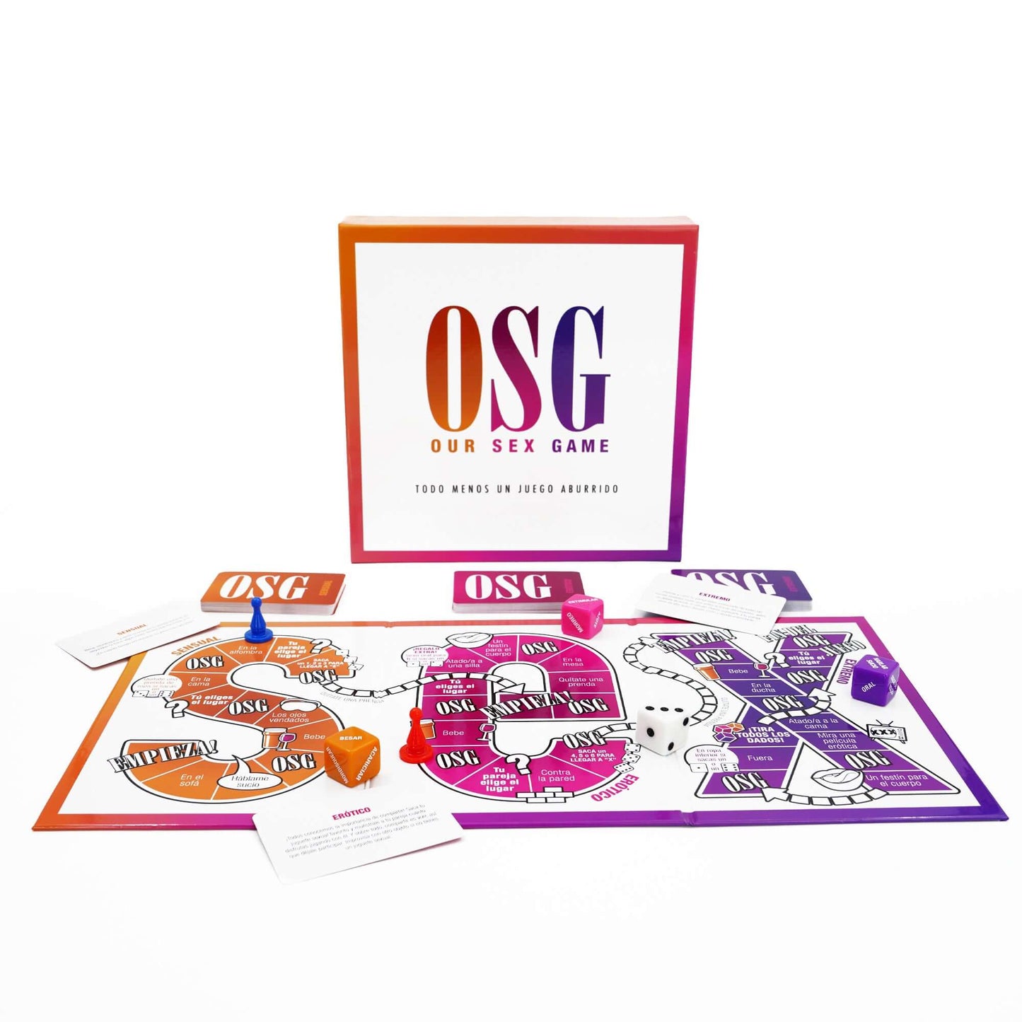 Our Sex Game Spanish Edition board game with colorful pieces and box design for erotic exploration and fun.