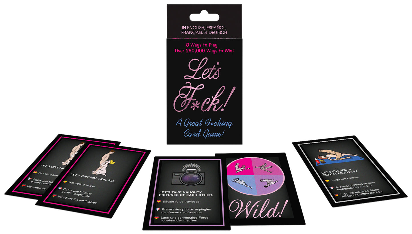 Let's F*Ck card game packaging and cards showcasing adult fun and passion for game night entertainment.