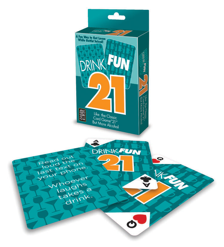 Drink Fun 21 adult drinking card game packaging and cards showcasing fun challenges and dares.