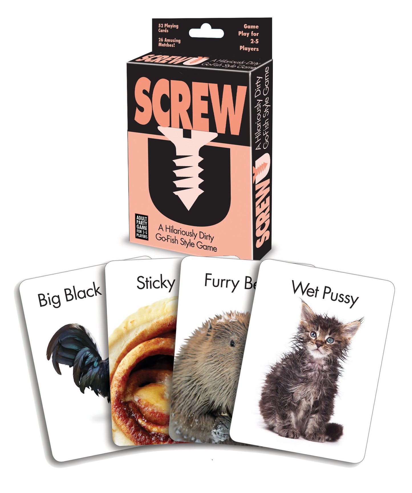 Screw U adult party game box with cards featuring funny phrases for a hilarious go fish style experience.