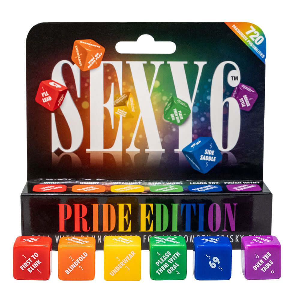 Colorful Sexy 6 Dice – Pride Edition box with vibrant rainbow dice, featuring 720 fun scenarios for adult games.