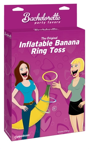Inflatable Banana Ring Toss game packaging for bachelorette parties, featuring fun illustrations and vibrant colors.