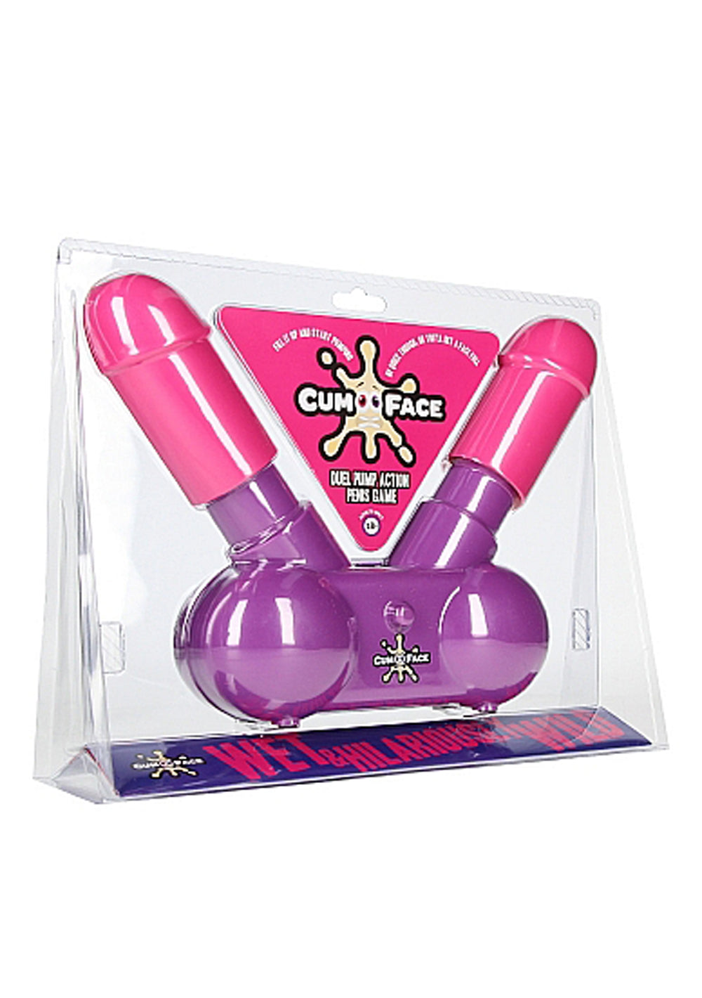 Cum Face duel pump action penis game for fun parties and gatherings, featuring vibrant colors in a clear package.