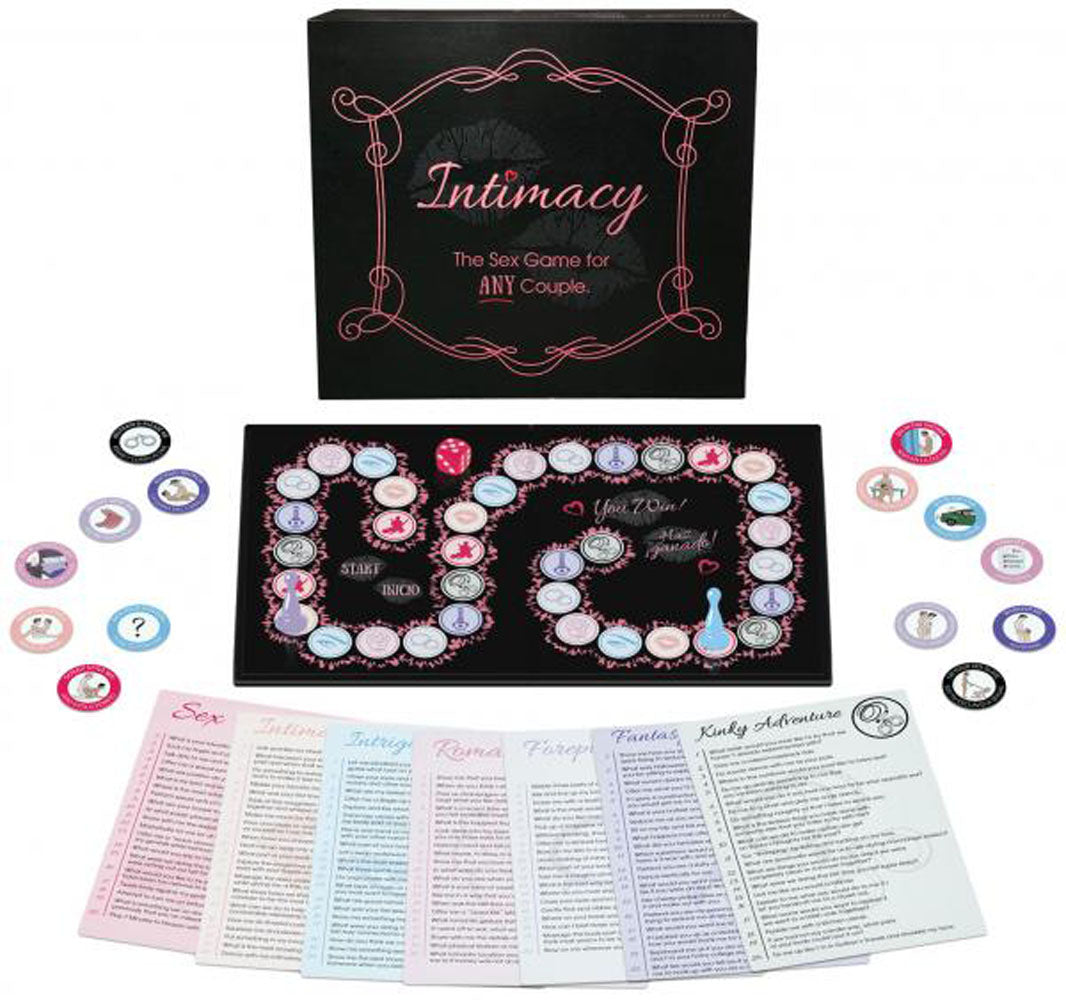 Intimacy board game for couples, featuring game board, challenge tokens, and themed categories for intimate play.