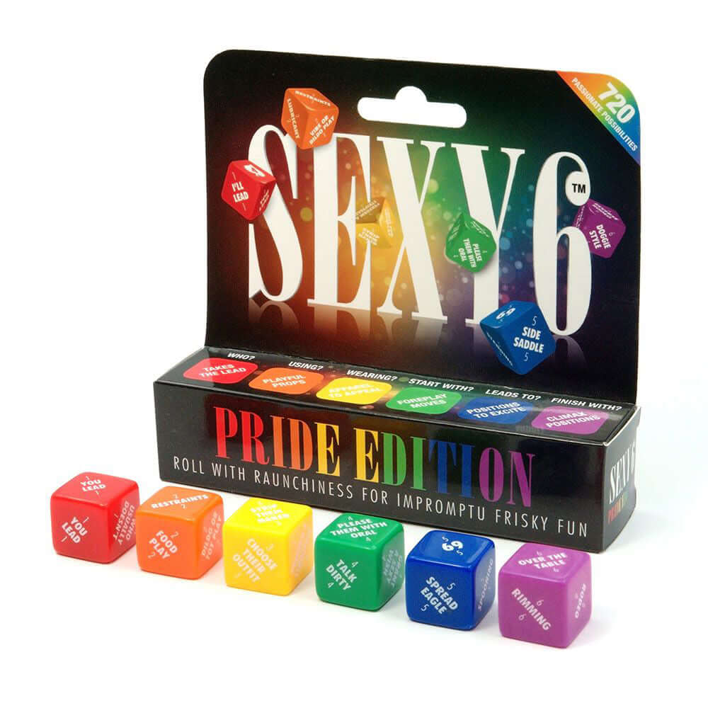 Sexy 6 Dice – Pride Edition pack showcasing vibrant rainbow dice for adventurous adult fun.