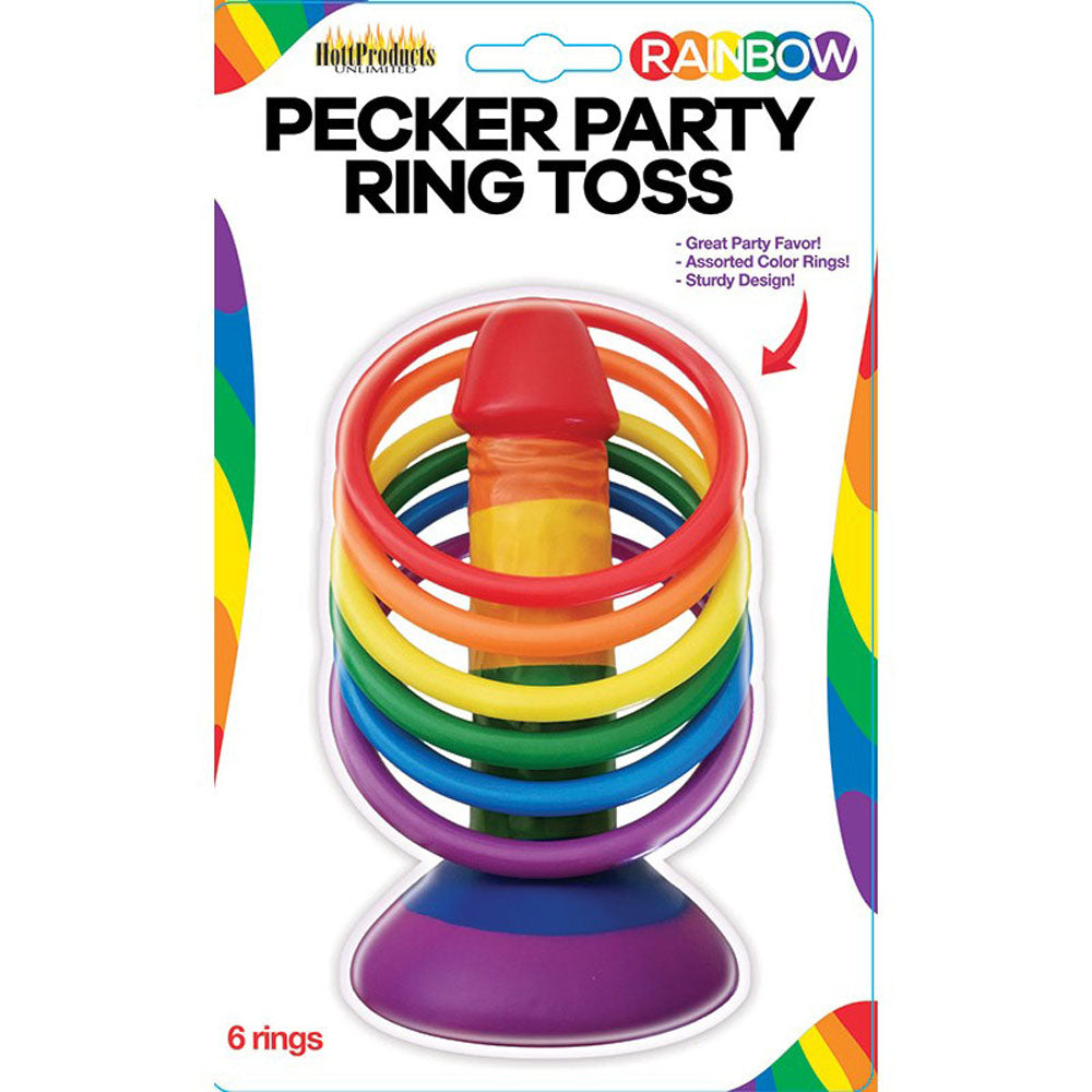 Colorful Rainbow Pecker Party Ring Toss game with assorted rings for fun adult gatherings.