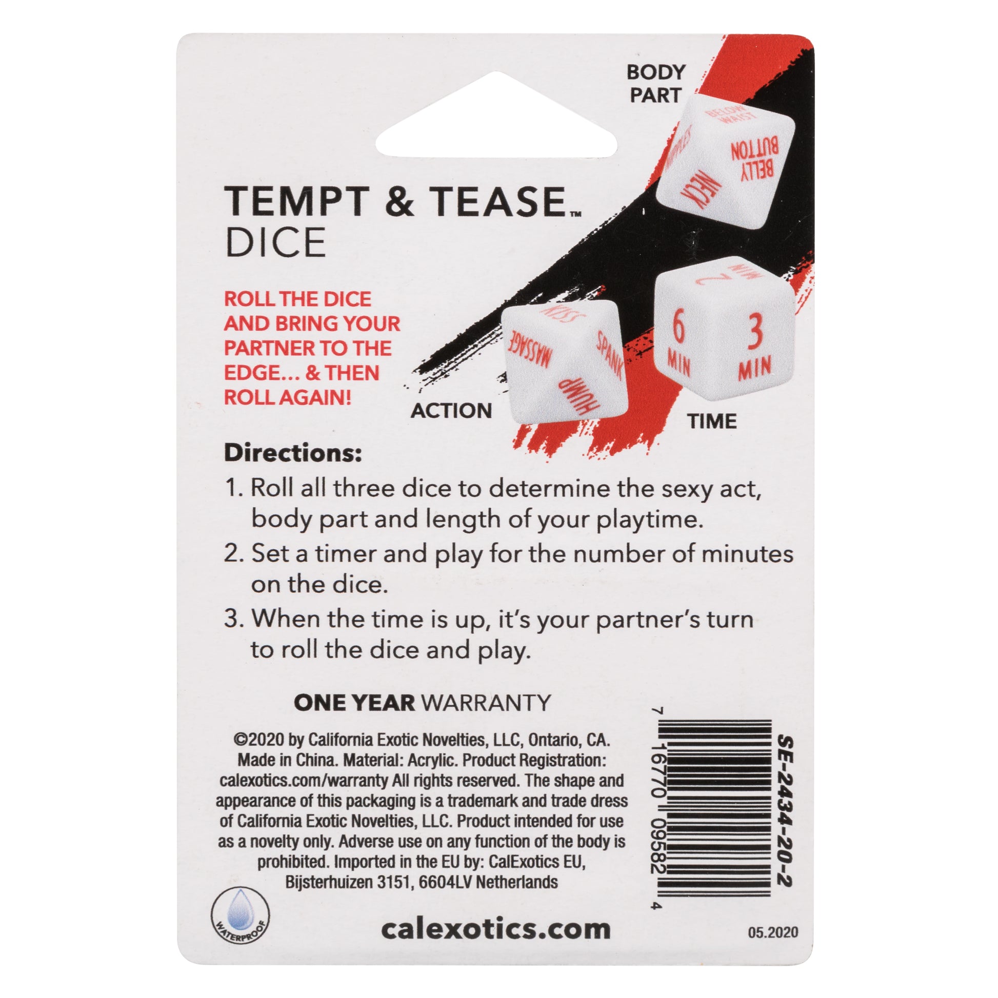 Instructions for Tempt and Tease Dice game showcasing body parts, actions, and playtime for adult fun.