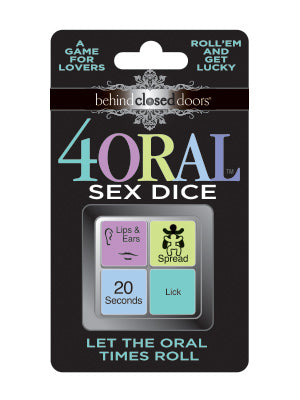 Packaging of 4 Oral Sex Dice by Behind Closed Doors for couples to enhance intimacy and explore playful foreplay.
