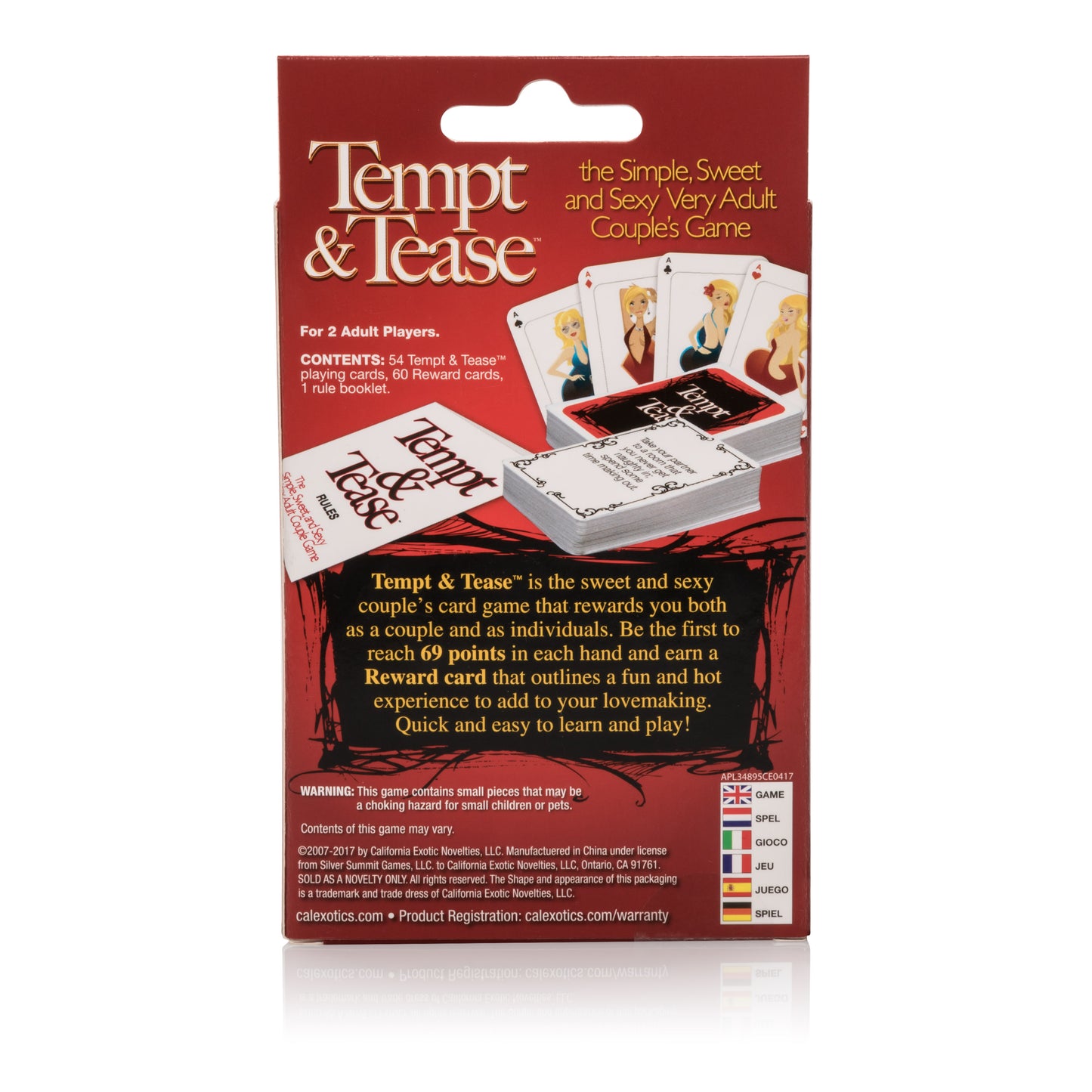 Tempt and Tease adult card game for couples, featuring 54 challenge cards and 60 reward cards for intimate fun.