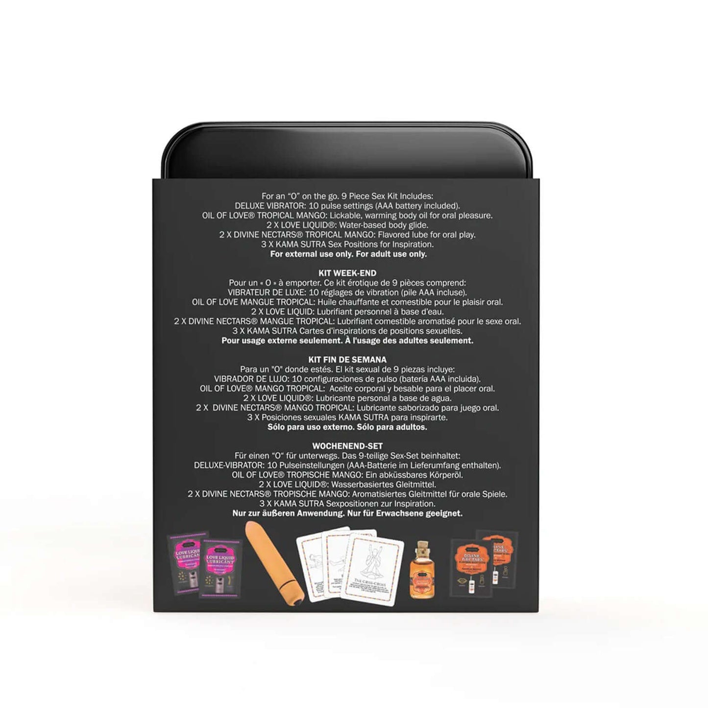 Weekender Kit Vibe Tropical Mango Prepare for spontaneous excitement with the all-new Vibe Weekender Kit! This bold set blends Kama Sutra delights with a sleek, battery-operated mini vibe offering 10 exciting vibration settings. Its compact design fits ef