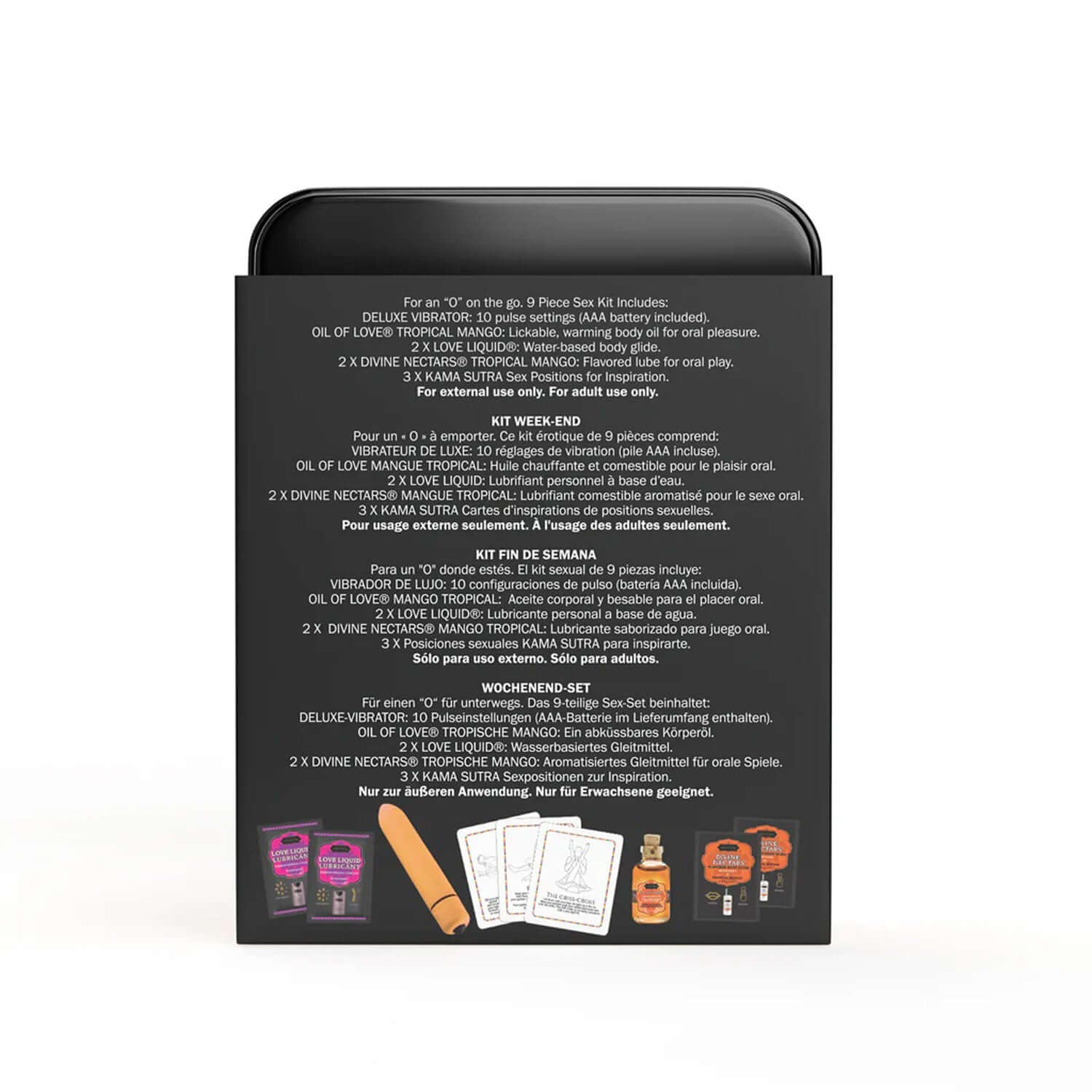 Weekender Kit Vibe Tropical Mango Prepare for spontaneous excitement with the all-new Vibe Weekender Kit! This bold set blends Kama Sutra delights with a sleek, battery-operated mini vibe offering 10 exciting vibration settings. Its compact design fits ef