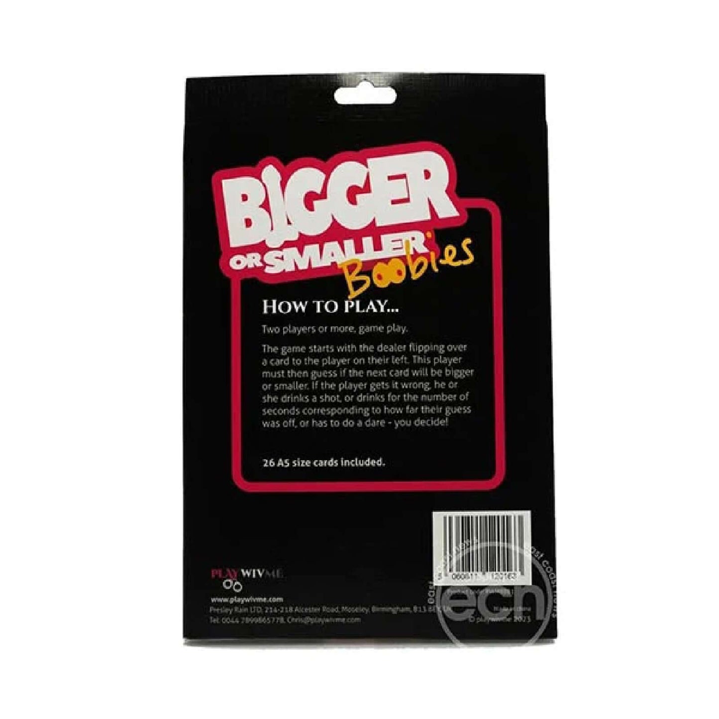Back of Bigger or Smaller Boobs card game, showing how to play instructions and game details.