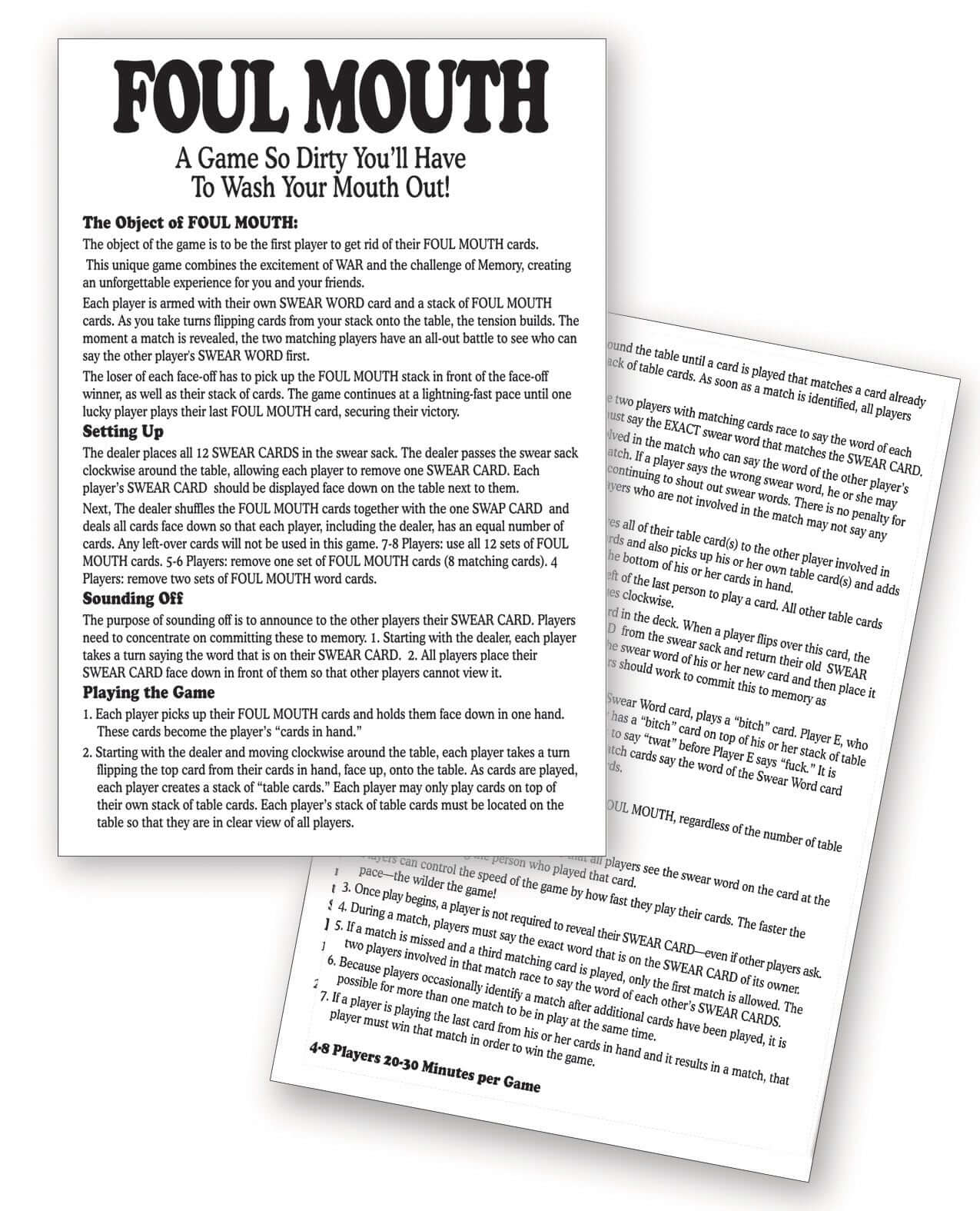Foul Mouth card game instructions outlining rules and gameplay for adults, featuring strategy and fun.