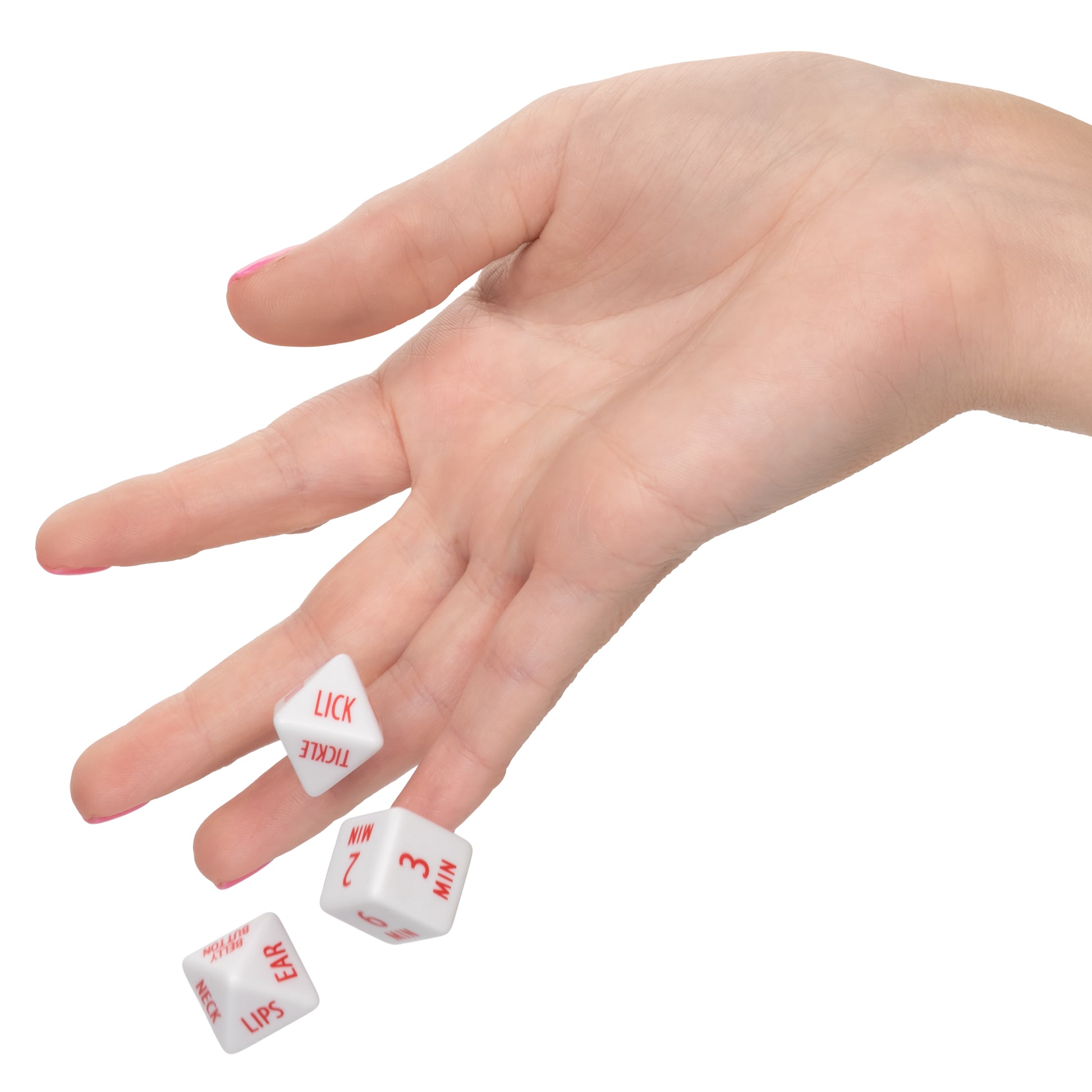 Adult Tempt and Tease Dice rolled in a hand for spontaneous intimate fun and playful activities.