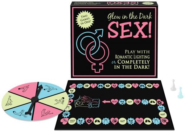 Glow-in-the-Dark Sex game box with gameboard and spinner, designed for adult entertainment and fun in the dark.