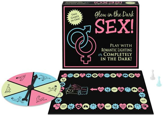 Glow-in-the-Dark Sex game box with gameboard and spinner, designed for adult entertainment and fun in the dark.