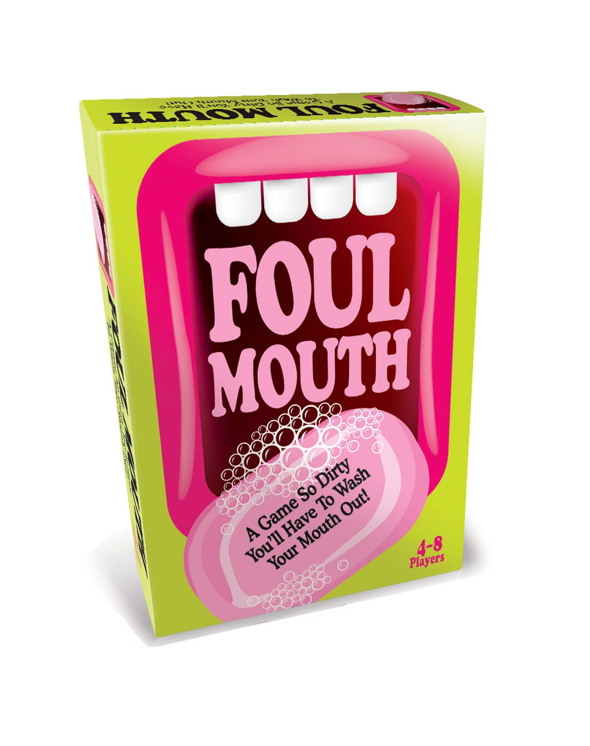 Foul Mouth Card Game packaging featuring bold text and playful graphics for adult party fun, 4-8 players.