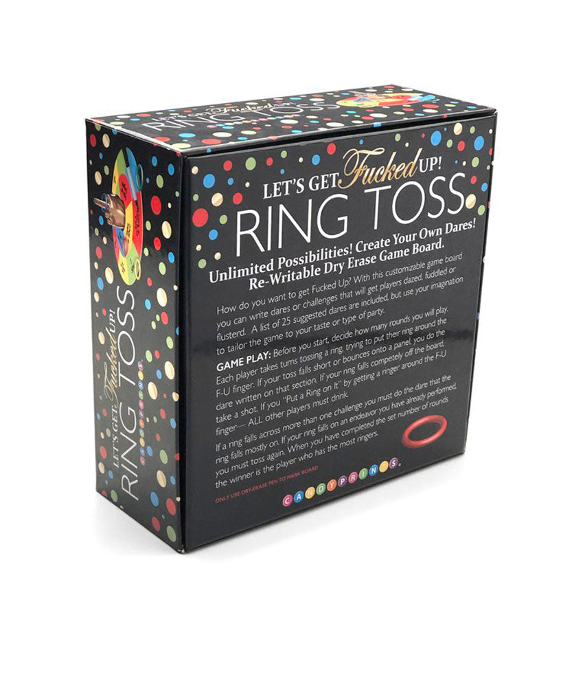 Let’s Get F*cked Up! Ring Toss game box features colorful polka dots and details on gameplay and dares.