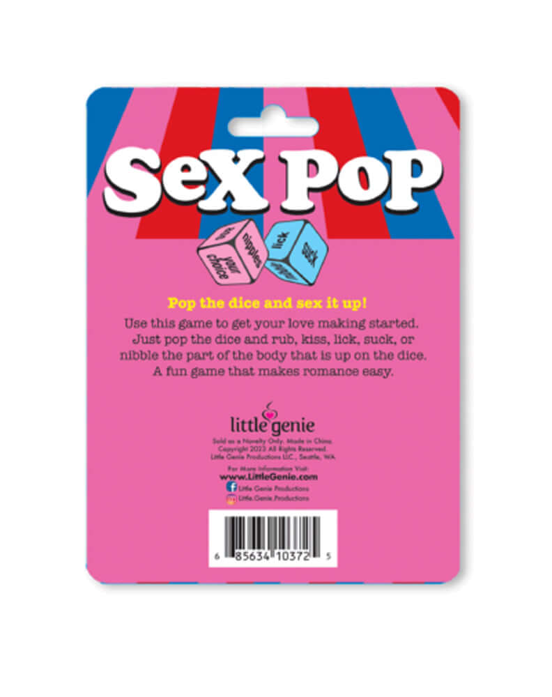 Sex Pop Popping Dice Game packaging featuring colorful design and instructions for a fun adult game.