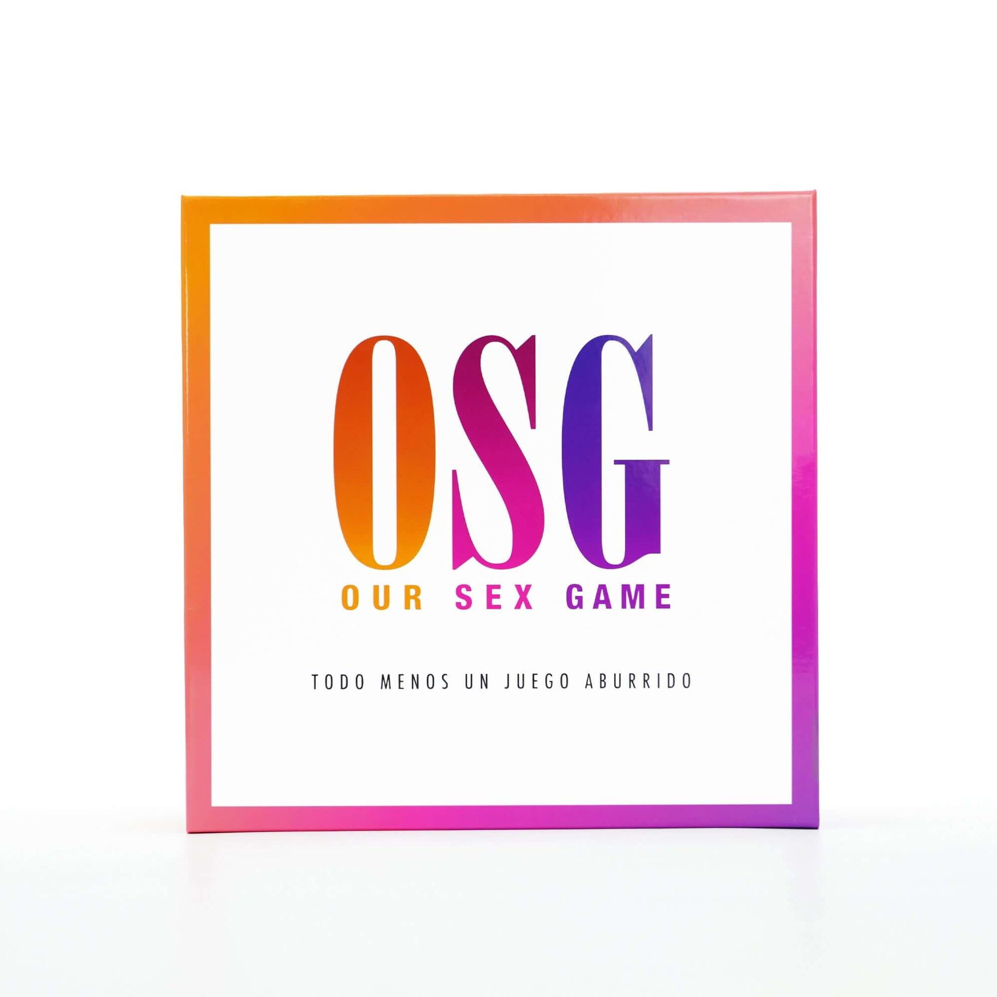 Product box for 'Our Sex Game - Spanish Edition', vibrant colors with playful text and tagline.