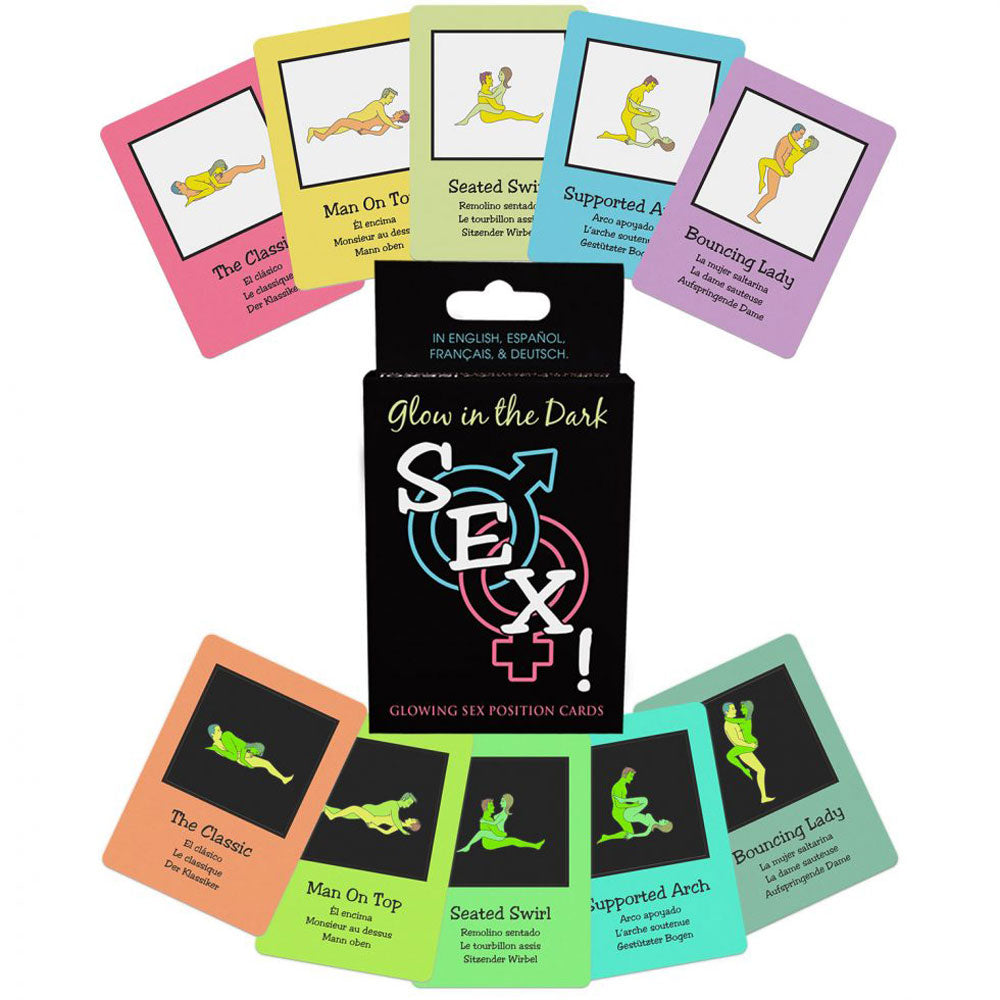 Glow-in-the-dark sex cards featuring various playful positions for adults, colorful and fun for game night.