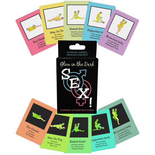 Glow-in-the-dark sex cards featuring various playful positions for adults, colorful and fun for game night.