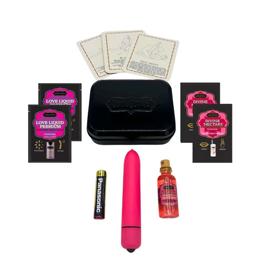 Weekender Kit Vibe Strawberry Dreams Get ready for unexpected pleasure with the new Vibe Weekender Kit! This daring set combines Kama Sutra indulgences with a compact, battery-powered mini vibe featuring 10 thrilling vibration modes. Its perfectly sized c
