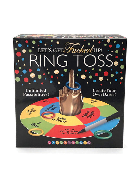 Let's Get F*cked Up Ring Toss game box featuring a bronze finger centerpiece and colorful dare wheel.