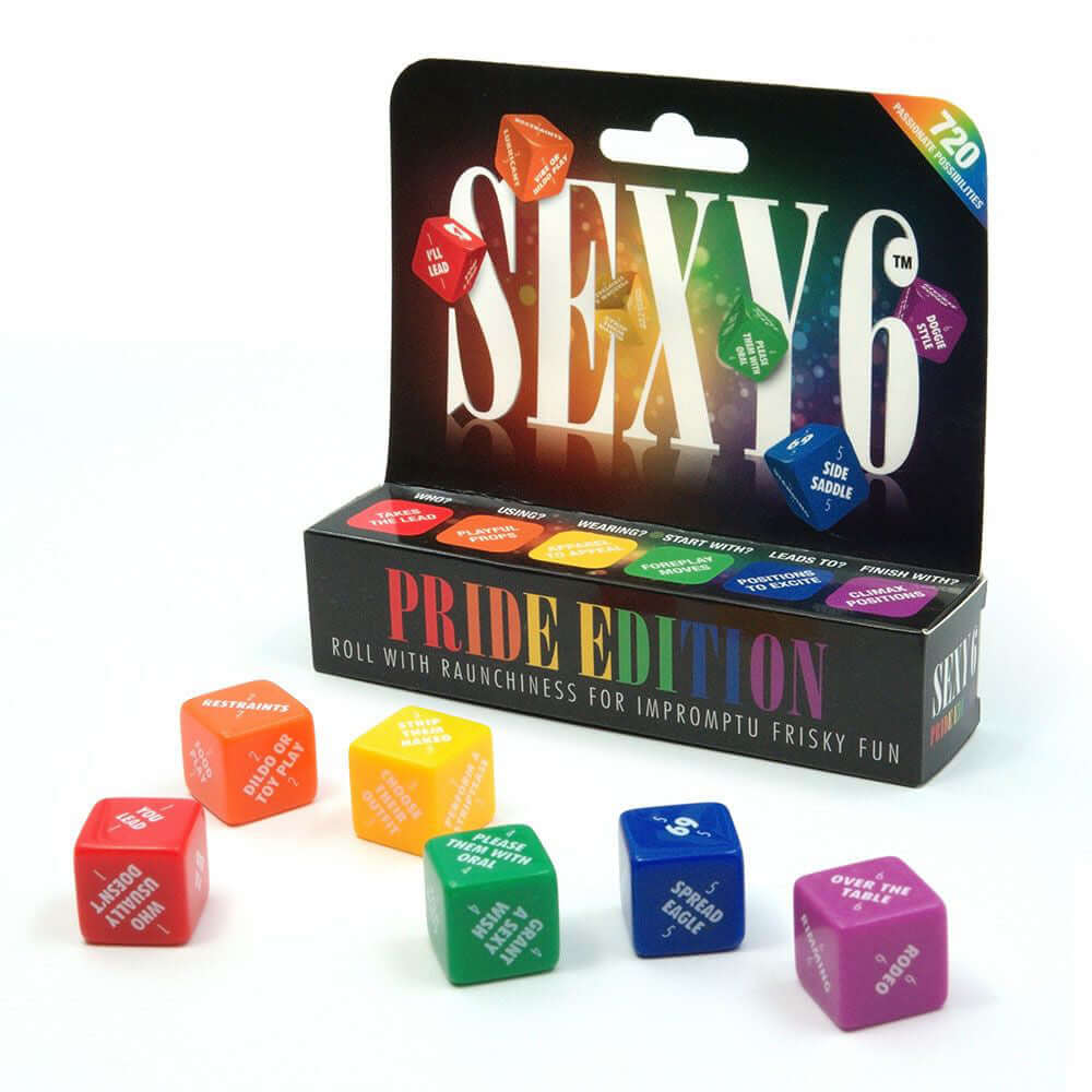 Colorful Sexy 6 Dice – Pride Edition with box, featuring 720 fun scenarios for adventurous adults.