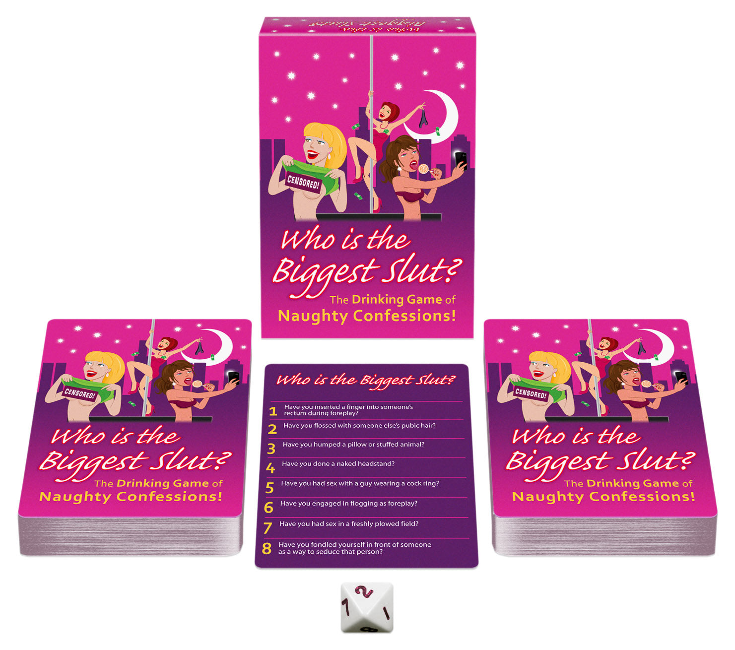 Who’s the Biggest Slut? drinking game packaging with cards and an 8-sided die for adult entertainment.