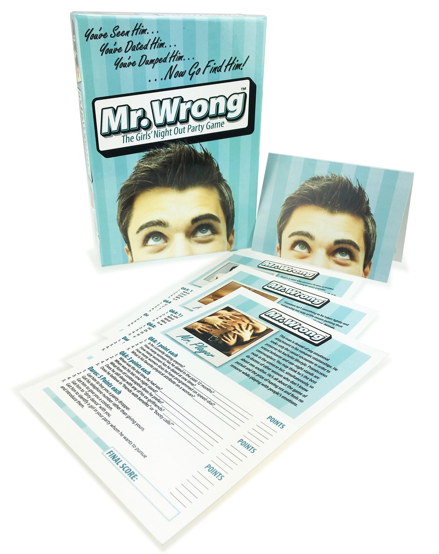 Mr. Wrong Party Game box and game cards for girls' night out fun, featuring bold questions for laughter and surprises.