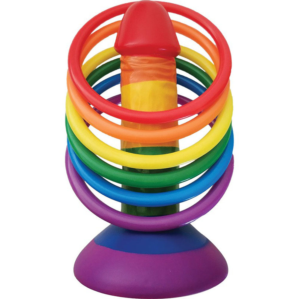 Colorful Rainbow Pecker Ring Toss game for adults, featuring vibrant rings stacked on a playful pecker base.