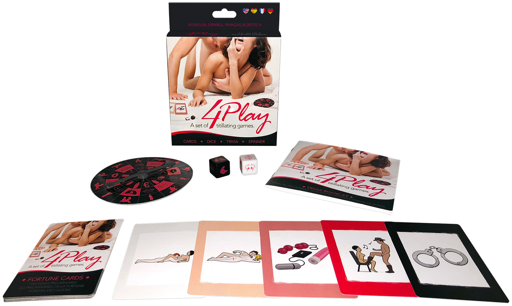 4Play sexy game for adults featuring dice, cards, and spinner for intimate couple activities.