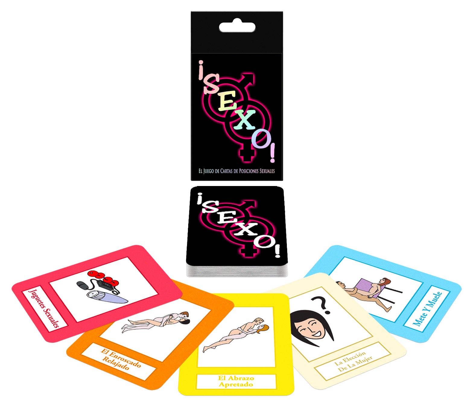 Sexo! adult card game featuring sex position cards in vibrant colors for playful entertainment.