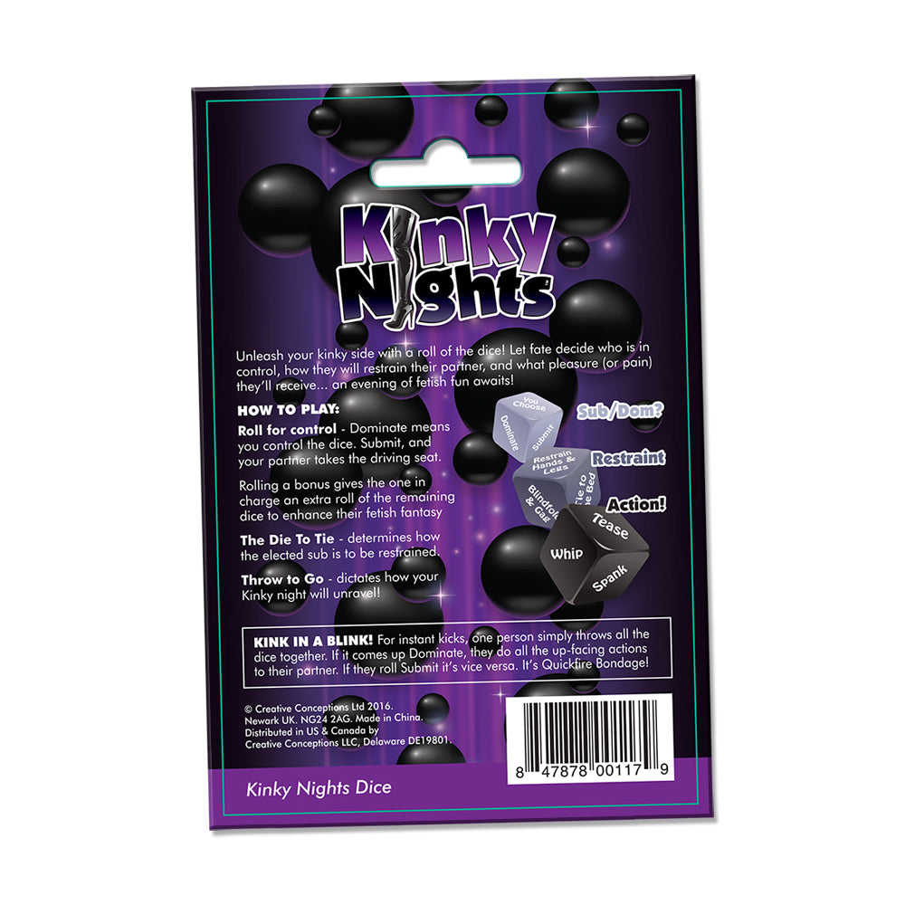 Kinky Night Dare Dice packaging, featuring instructions and playful design for adult fetish games.