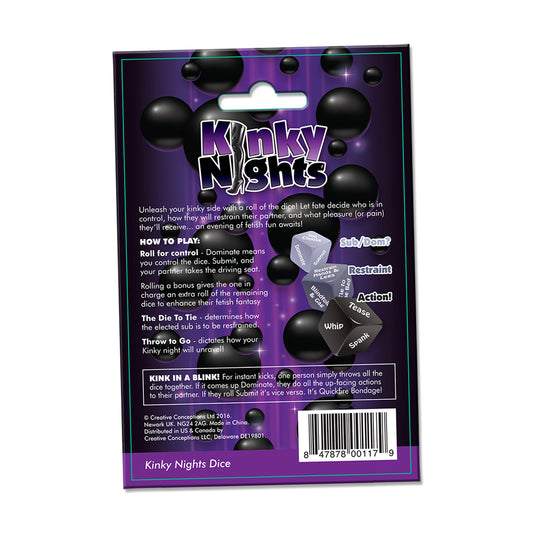 Kinky Night Dare Dice packaging, featuring instructions and playful design for adult fetish games.