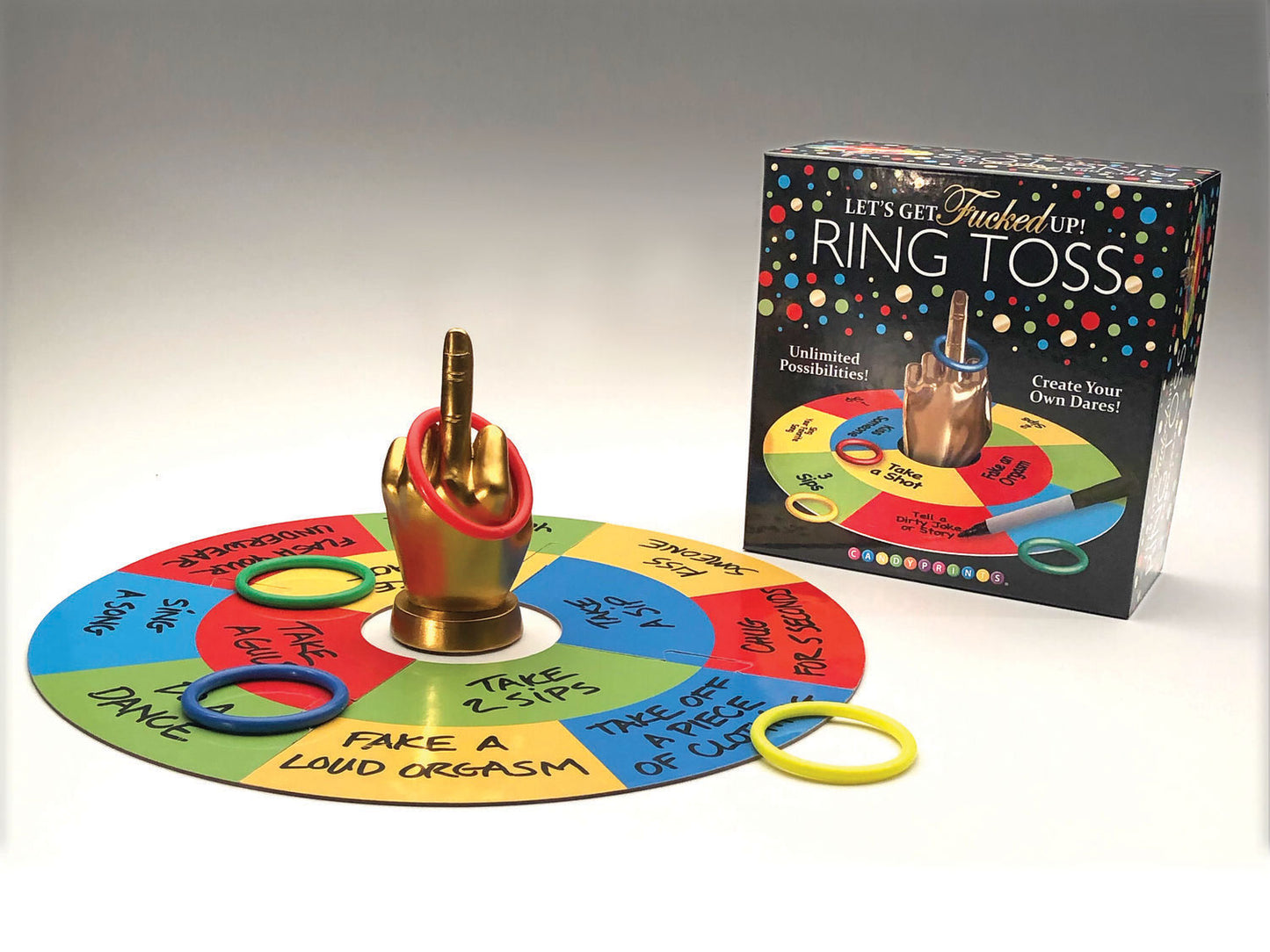 Let’s Get F*cked Up Ring Toss game with colorful ring toss board and bold dares on packaging, perfect for adult parties.