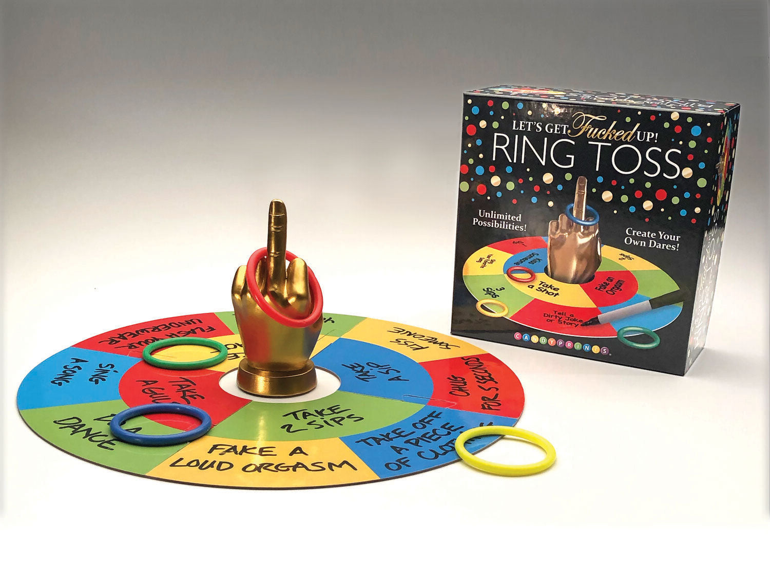 Let’s Get F*cked Up Ring Toss game with colorful ring toss board and bold dares on packaging, perfect for adult parties.