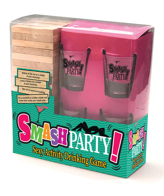 Smash Party Sexy Activity Drinking Game set with shot glasses and stacking blocks for fun drinking challenges.