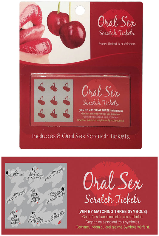 Colorful packaging of Oral Sex Scratch Tickets for adults featuring playful designs and instructions.