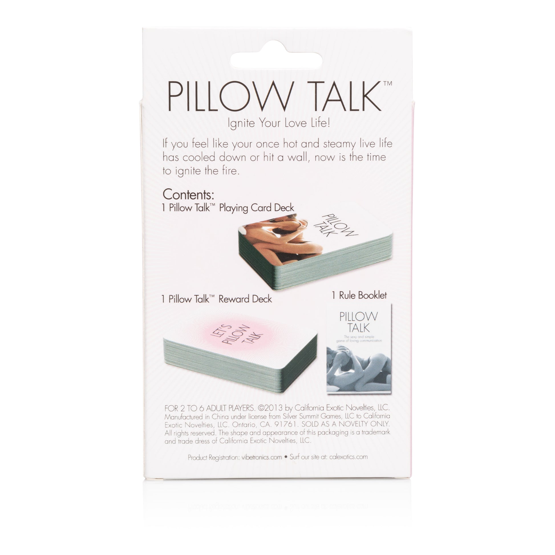 Pillow Talk game box showing card decks and rule booklet designed for adult entertainment and rekindling romance.